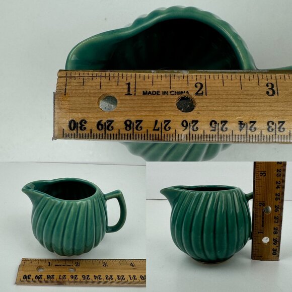 Vtg Small Ceramic Creamer Sugar Set MCM Sage Green Teal Swirled Ribbed Textured - Picture 3 of 10